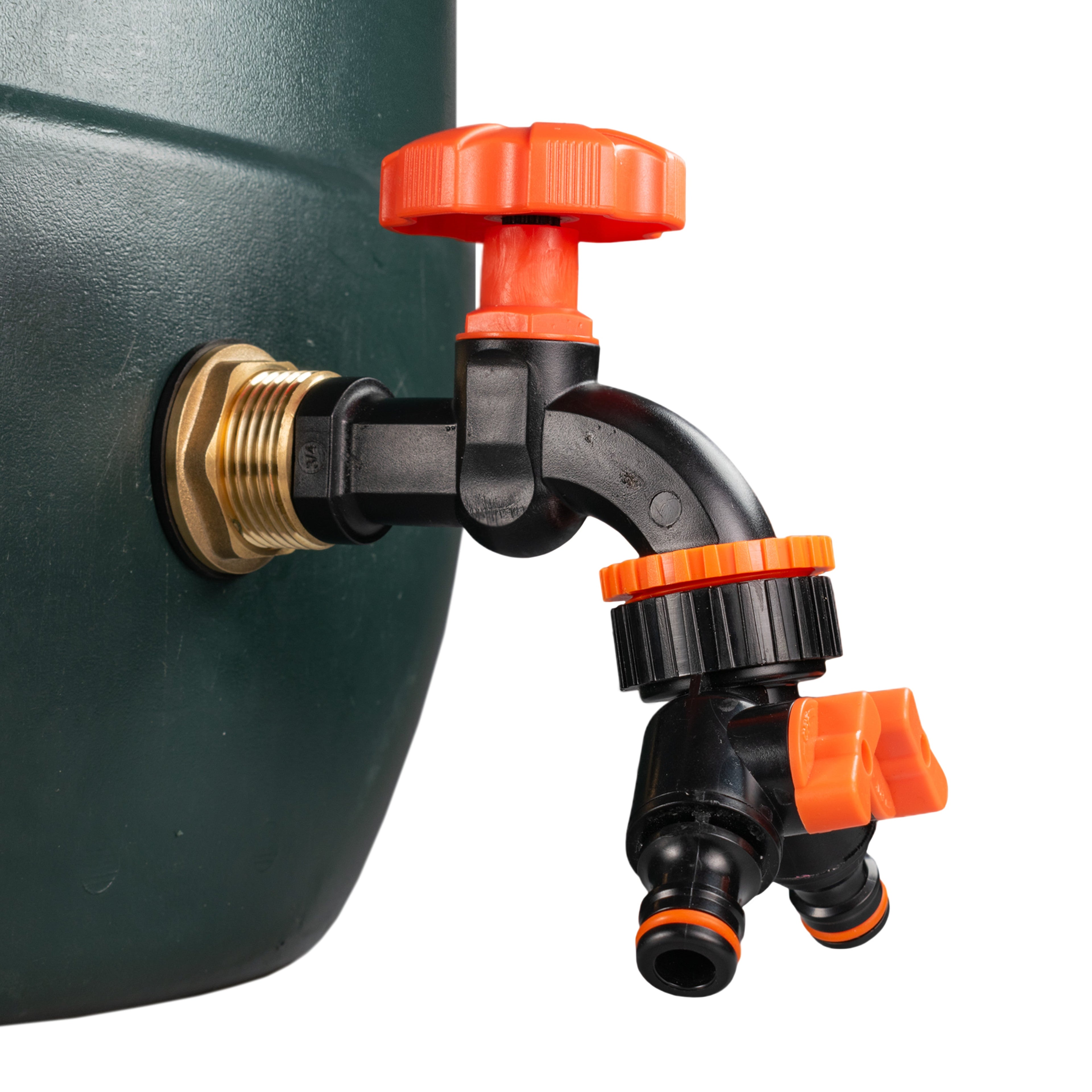 Water Butt Brass Kit 1in with Black Dial Tap + Two-Way Splitter Garden Hose Pipe