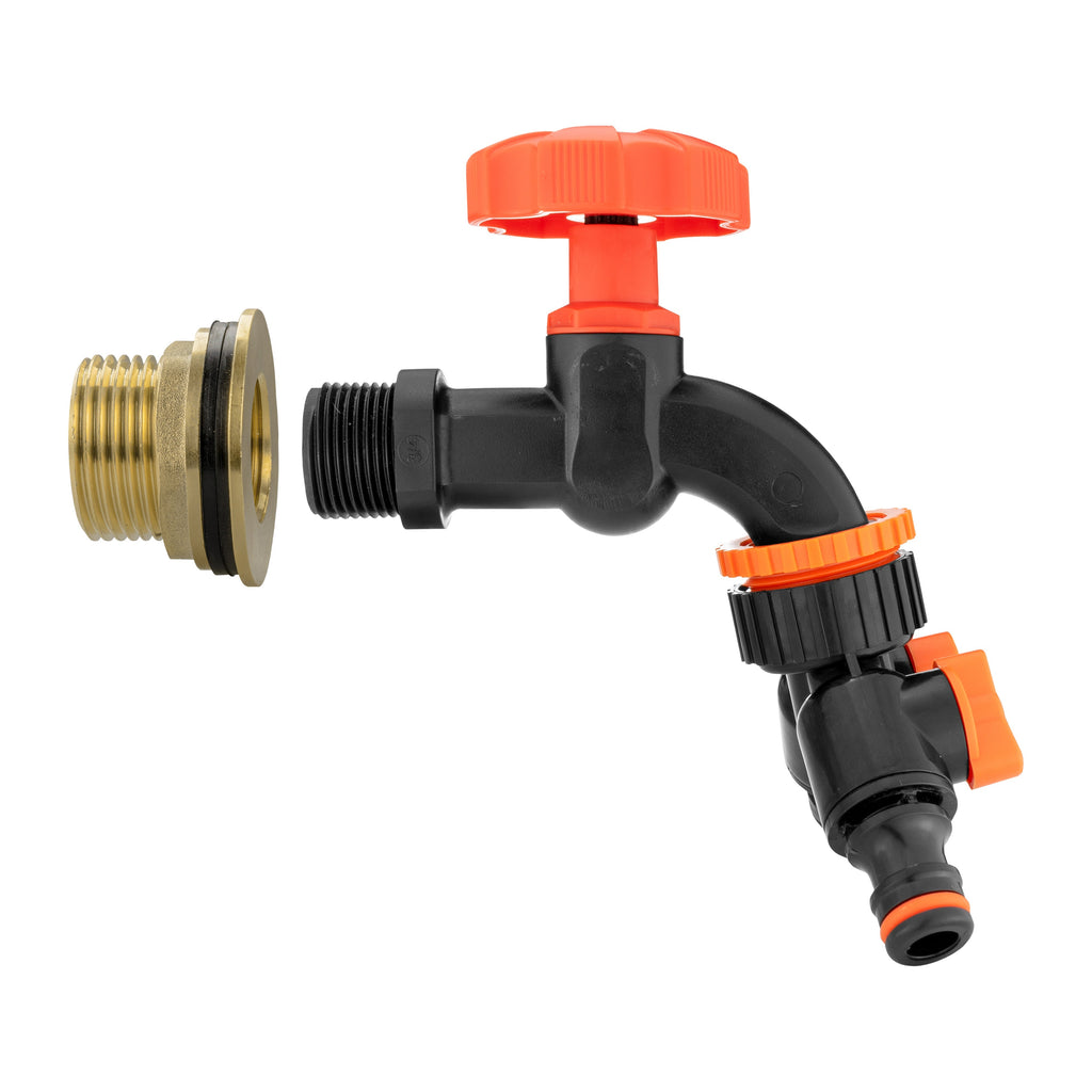 Water Butt Brass Kit 1in with Black Dial Tap + Two-Way Splitter Garden Hose Pipe