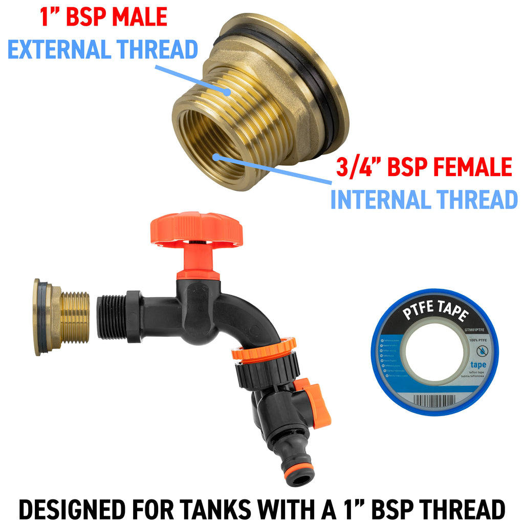 Water Butt Brass Kit 1in with Black Dial Tap + Two-Way Splitter Garden Hose Pipe