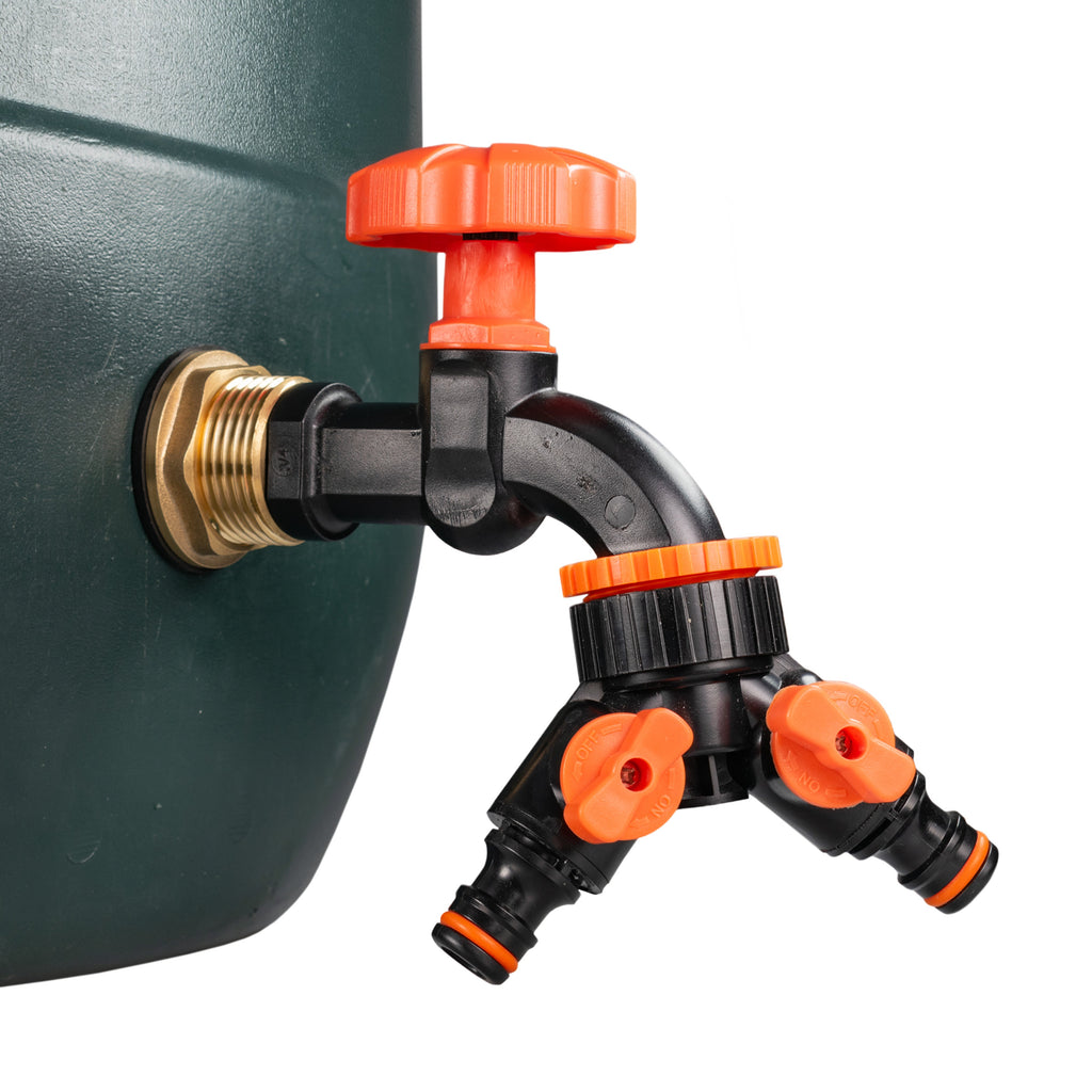 Water Butt Brass Kit 1in with Black Dial Tap + Two-Way Splitter Garden Hose Pipe